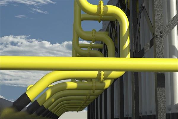 Yellow pipes of a cooling water system protected against corrosion by the Cooling Loop Croc solution of Cortec