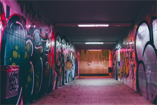 A station covered with graffiti