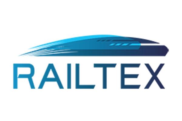 The logo of Railtex with a blu high-speed train