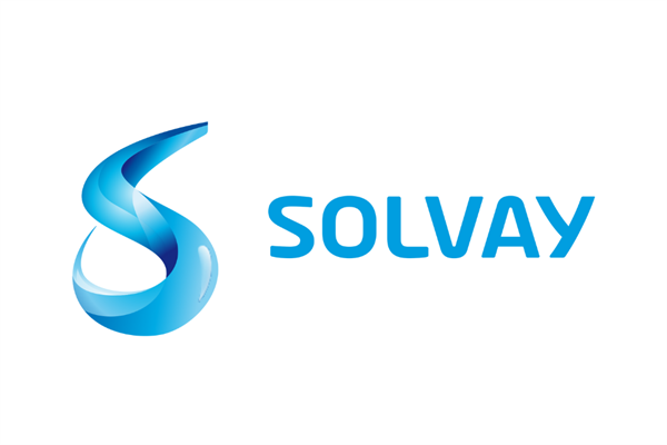 Logo of the company Solvay with a big light blue word S