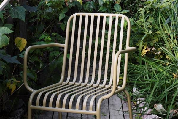 A coated metal chair near small plants and leaves