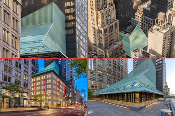 Collage of the roof of the Stavros Niarchos Foundation Library in New York City coated with the finishes of Sherwin-Williams